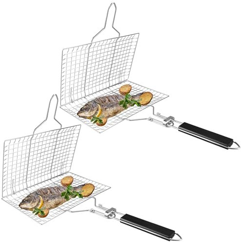 Grill Basket, Grilling Basket with Grill Cleaning Brush, Stainless Steel Folding Grill Basket, for Fish, Shrimp, Vegetables(2pcs Small Grill Baskets)