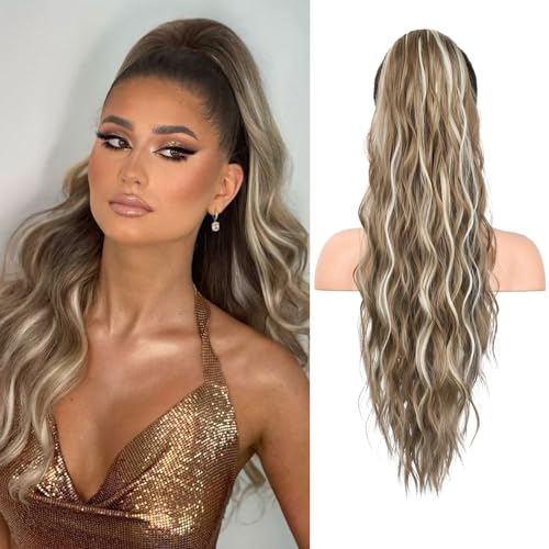 REECHO Ponytail Extension, 66 cm Long Beach Gewellt Zugband Pferdeschwanz Haarverlängerung Synthetischer Pferdeschwanz Haarteil für Frauen – Aschbraun mit Platin-Highlights