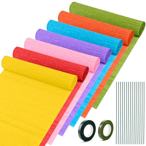 Papier Crépon, 7 Rouleaux de Papier Crépon, Feuilles de Papier Crépon avec 15Pcs Fil de Fleurs et 2 Rouleaux de Ruban Vert, Ruban Crépon pour Plier Papier DIY, Faits à la Main Papier Fleurs Créatifs