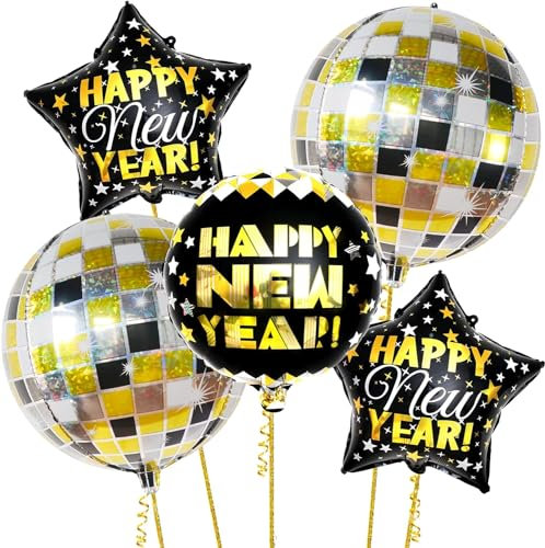 Silvester Deko 2024 Luftballon Set, 5 Stück Silvester Dekoration Folienballon, Happy New Year Deko Luftballons Gold, Neujahr Deko Ballon, Happy New Year Folienballon, Happy New Year Party Supplies