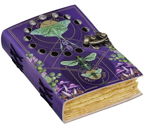 Blank Spell Book of Shadows Journal with Lock Clasp Vintage Handmade Leather Luna Moths and Morpho Butterfly Print Diary Prayer Pagan Witchcraft Supplies Wiccan Decor Notebook Daily (8x6)