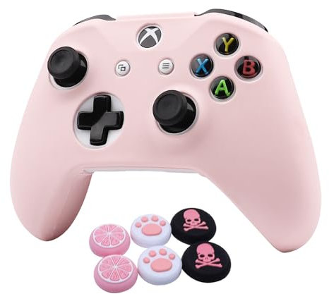 Pink Skins RALAN Silikon-Controller-Abdeckung, kompatibel mit Xbox One S/X Controller (Pink Pro Daumengriff x 2, Katze + Totenkopfkappe & Cover Grip x 2)