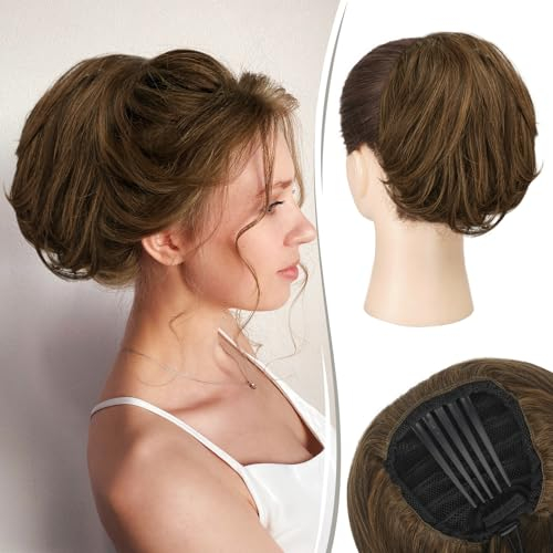 RUWISS Haarteil Dutt mit Comb Kurz Haarteil Pferdeschwanz Haardutt Chignon Echthaar Haarteile Echthaar Dutt Extensions mit Comb Kordelzug für Damen,Braun gemischt