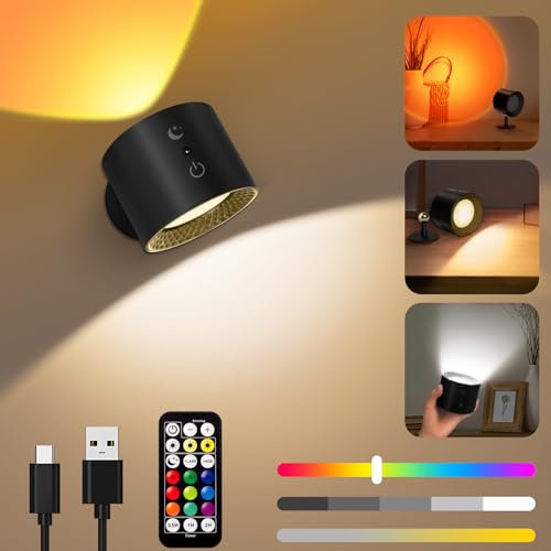 Applique Murale Intérieure,Led Murale à Piles Avec Télécommande,Lampe de Chevet Sans Fil à Intensité Variable Tactile,Appliques Avec 3 Modes de Couleurs,Rotative à 360°,Spot Led Sans Fil Rechargeable