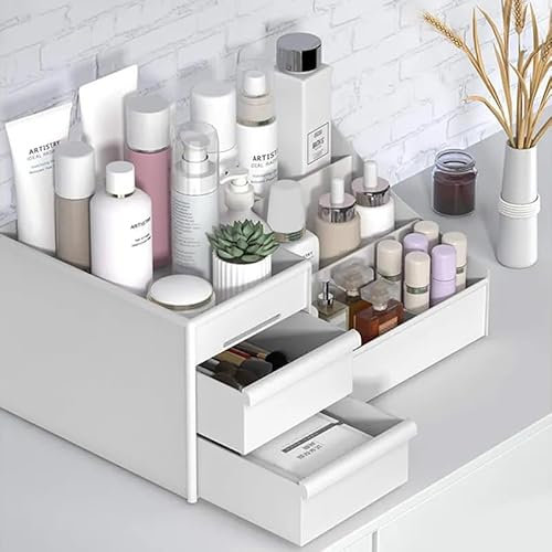 Generico Contenitore Make-Up Organizer con Cassetti Porta Trucchi Cosmetici, Custodia Vassoio Porta Gioielli Per Camera Bagno, Utile Cancelleria Scrivania (BIANCO)