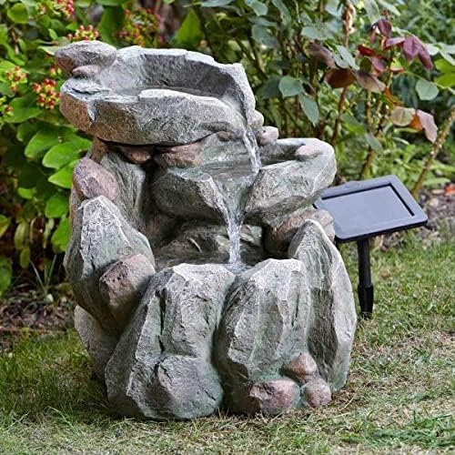Garden Mile Fontaine à eau moderne en forme de rocher – Fontaine d'extérieur en résine recyclée à énergie solaire – Décoration de jardin pour décoration d'étang, terrasse et pelouse (chute de roche)