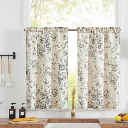 TOPICK Tende in lino con fiori, stile rustico, moderne, per soggiorno, bagno, finestre, set da 2 pezzi, 65 x 60 H (cm), colore nero su beige