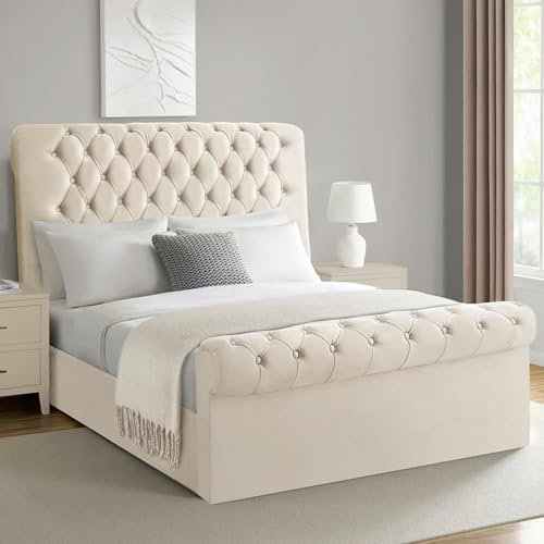 Blisswood Upholstered Gas Lift Up Bed Frame with Storage, Ottoman Small Double Bed Frame with Mattress Included, Ottoman Storage Bed With Gas Lift Wooden Slats, (4ft Beige Small Double Bed)