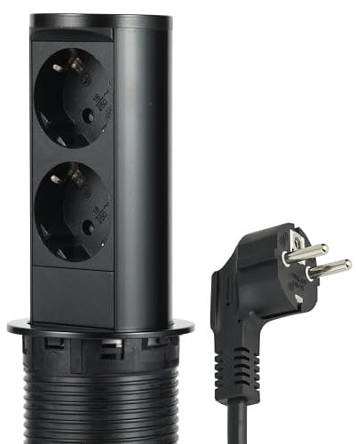 Electraline 62586 Ausziehbare Pop-up-Steckdosenleiste für Schreibtisch/Tisch, Einbausteckdose, 2 Schuko-Steckdosen, Standarddurchmesser 60 mm, 2 m Kabel, Schuko-Stecker, schwarzes Edelstahlgehäuse