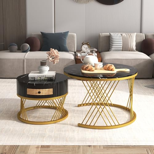 Merax 2 in 1 Runder Couchtisch Beistelltisch mit Tischplatte aus Marmor und Schubladen aus Kunststoff-Rattan couchtisch 2er Set rund