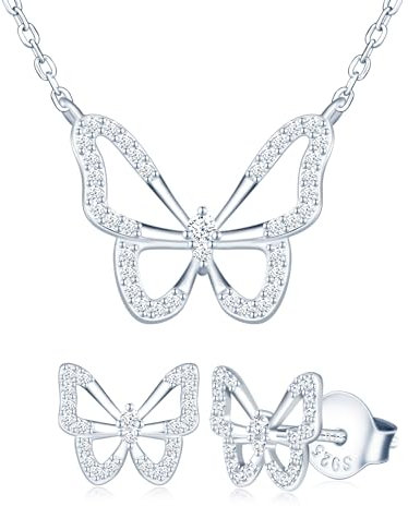 MICMIF 925 Sterling Silber Schmuck Set Damen Schmetterling Anhänger Kette Ohrringe Set Schmetterling mit Zirkonia Schmuckset Halskette Ohrstecker Silber Für Frauen Mädchen