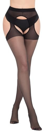 MANZI Strapsstrumpfhose für Damen 30 Denier Offener Schritt Strumpfhose Transparent Strumpfhosen 1Paar (Schwarz M-L)