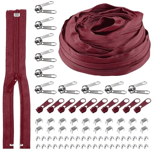 Rustark 1 rotolo da 9,14 m / 10 yard #5 vino rosso cerniera set nylon zip zip zip divisibile con chiusura lampo cursore, tappi terminali e tappi di copertura in nylon per cucito fai da te