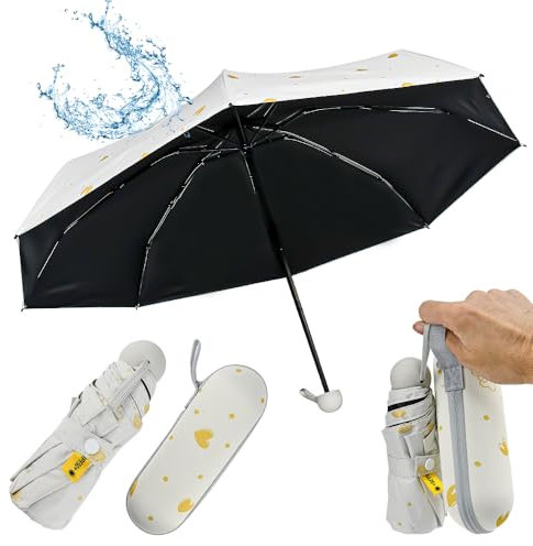SLTAXAR Kompakter Regenschirm Sturmfest mit 8 Rippen Taschenschirm Weiß Herzform Mini Umbrella Pocket Taschenschirme Faltender UV-Regenschirm Minischirm Leicht Mini Schirm Damen für Handtasche