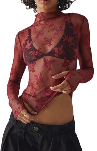 YILEEGOO Women Long Sleeve Tops Floral Print Mesh See-Through Mock Neck Casual Shirts Slim Fit T-Shirts (AWine Red, L)