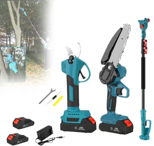3 in 1 Cordless Pole Saw, High Branch Saw with Brushless Chainsaw, Pruner Shear, 2M telescopic rod, Battery and Charger Included for Garden Tree Trimming Pruning 2batteries