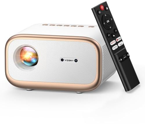 VIZONY Mini Proyector con WiFi y Bluetooth Bidireccional, Native 1080P, 4K, 50% Zoom, 4P4D, Sellado Completo, Portátil 450ANSI, Dorado y Blanco, HDMI, USB, Jack de 3,5 mm, Enfoque Automático