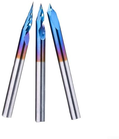 FUANA 3 Stück 20/30/60 Grad 0,1 mm Spiralgravur V-Bit Set, blaue Beschichtung, Gravur-Bits 1/8 Zoll Schaft, CNC-Fräser-Bits für Eisen, Kupfer, Aluminium, Stahl, hochdichte Faserplatten