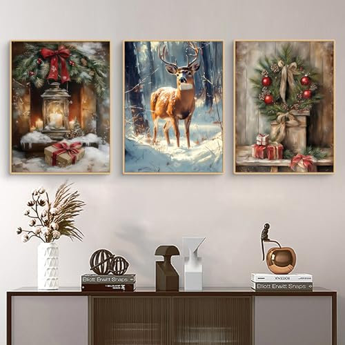 Uixxducc 3er Weihnachten Premium Poster Set, Vintage Elch Weihnachtskranz Weihnachtsbaum Winterlandschaft Wandbilder Kunstdrucke Leinwand Bilder Wohnzimmer & Schlafzimmer, Ohne Rahmen (21x30cm)