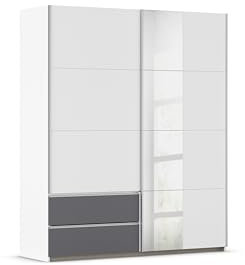 Rauch Möbel Stoke, Schwebetürenschrank, Garderobe, 2-türig, Spiegel, 2 Schubladen, Zubehör Classic, 4 Einlegeböden, Farbe Weiß/Grau metallic, Schwarz, Griffleisten Alufarben, 175x210x59cm