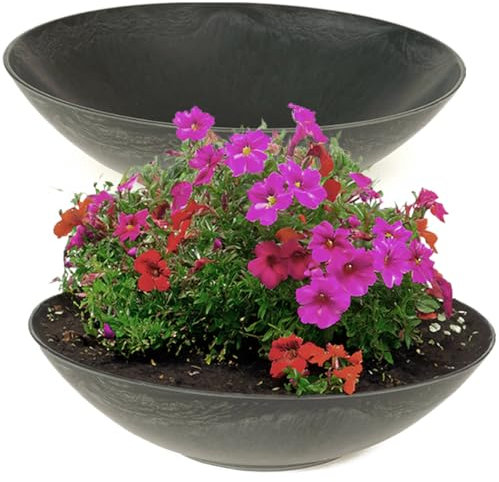 matches21 wetterfeste Pflanzschalen in 45 cm für draussen - 2 große Dekoschalen in schwarz marmoriert als Blumenschalen - Flache Garten-Schalen für Blumen, Bonsai oder Friedhof Grab-Schmuck