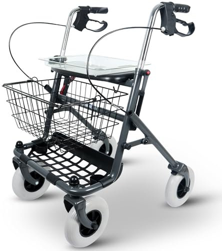 ISICARE Rollator, leicht und ergonomisch, Gehhilfe mit höhenverstellbaren Griffen, extra breiten Reifen, Stabilität auf allen Untergründen, nur 8 Kg, Stockhalter und geräumiger Korb, Innen und Draußen