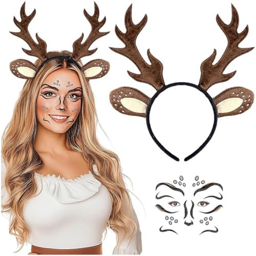 Serre-tête de renne en bois de cerf, Autocollants Visage de Renne, serre-tête avec reindeer oreilles, Bandeau de Noël,pour Halloween,Costume Carnaval Déguisement, fête d'elfes pour cadeaux de Noël