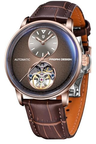 Pagani Design Automatik Herrenuhr Einfache 42mm lässige Edelstahluhr wasserdichte Skelett Mechanische Armbanduhr Leuchtzeiger Leder Klassische Herrenuhr（Goldenes Braun）