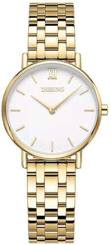 DISSING Damen Uhr Gold 30 mm – Klassische Edelstahl Armbanduhr für Frauen – Minimalistische Damenuhr mit Quarzwerk & Weißem Zifferblatt – Elegante Markenuhren für den Alltag