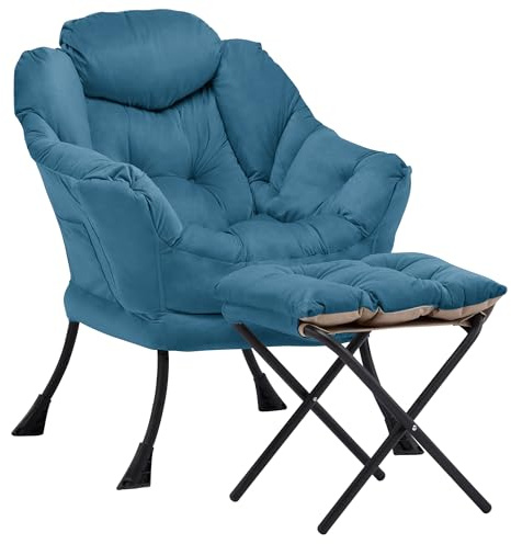 Aunekiv Sessel mit Hocker, Bequemer Ohrensessel und Armlehnensessel, Lesesessel mit Seitentasche, Moderner Relaxsessel für Wohnzimmer, Schlafzimmer und kleine Räume,Blau