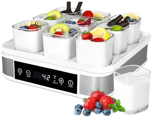 Joghurtbereiter, Automatischer Digitaler Joghurt Maker, Griechischer Joghurtmaschine mit Temperatur- und Timer, mit 9 170 ml Joghurtbechern, Perfekt für den Heim-Bio-Joghurt, BPA-frei, 40 W