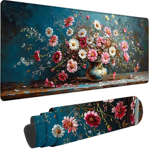 Tapis de Souris Gaming Bleu, Grand Tapis de Souris XXL 1600x800x3 mm, Fleur Mouse Pad pour Clavier et Bureau, avec Bords Surpiqués et Dos Antidérapant Mousepad for Gamer Gaming Accessoire, Cadeau 5-O