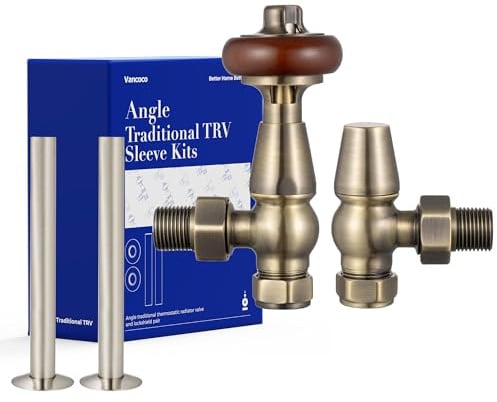 VANCOCO Traditional Antique Brass Angled Radiator Valves 1/2×15mm + 130mm×15mm Radiator Pipe, Brass Thermostatic Radiator Valve, Cast Iron Antique Thermostat TRV Pair with Solid Wood Handwheel
