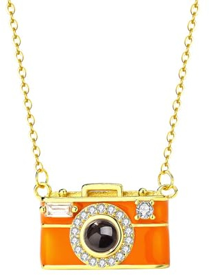 Sbshiouu Camera Necklace with 100 Language Projection Multilingual Clavicle Chain Elegant Copper Jewelry for Cultural