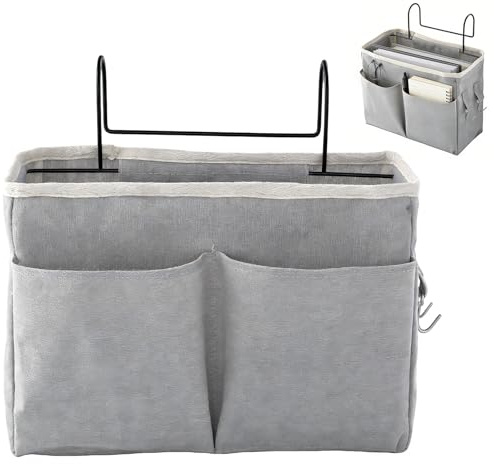 Hiuyavy Bedside Hanging Storage, Storage Caddy with Hooks and Pockets, Bed Clutter Sorting Bag, Home Multifunctional Bedside Hanging Bag for Dormitory Bedroom School Bunk Bed (Grey)