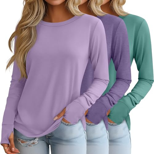 Geyoga Pack de 3 Camisetas de Manga Larga para Mujer con Agujeros para Pulgares, Túnicas Holgadas Informales de Algodón