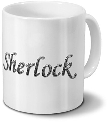 printplanet Tasse mit Namen Sherlock - Motiv Chrom-Schriftzug - Namenstasse, Kaffeebecher, Mug, Becher, Kaffeetasse - Farbe Weiß