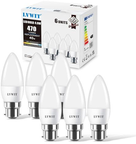 LVWIT B22 LED Candle Bayonet Bulbs,4.9W B22 Bayonet Candle Bulbs, 40W Bulb Equivalent,6500K Cool White Bayonet Candle Cap, 470Lm, 200 Degree Beam Angle,220-240V,Non-Dimmable (Pack of 6)