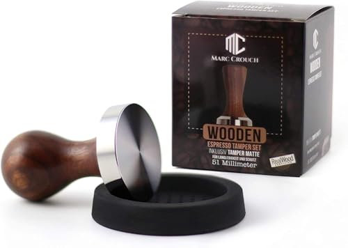 Marc Crouch - Kaffee Tamper 51 mm Set aus hochwertigem Buchholz und Edelstahl inkl. Silikonmatte 58mm + 3 Stencil/Schablonen – Kaffeestampfer für intensiven Caffee Genuss - Profi Espresso Stempel