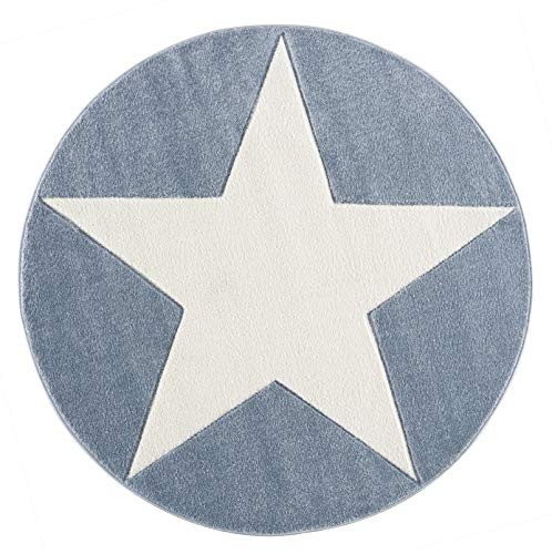 LIVONE Happy Rugs for Kids Kinderteppich Kinderzimmer Babyteppich Modern mit großem Stern in blau Weiss Grösse 160 cm rund