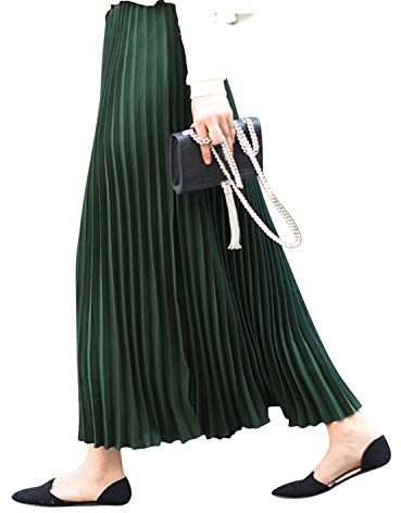 Camilife Damen Mädchen Plisseerock in Maxilänge Plissee-Maxirock Elastische Chiffon Langer Faltenrock Elastischer Bund für Frühling Sommer Herbst - 90cm Einfarbig Dunkelgrün