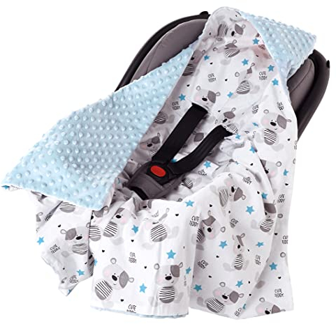 Medi Partners Einschlagdecke Baby Babyschale 100% Baumwolle für Sommer 85x85cm Kinderwagen Kuscheldecke universal Baby Decke Einschlagdecken Babydecke Buggy Autositz(Teddybär mit hellblauen Minky)