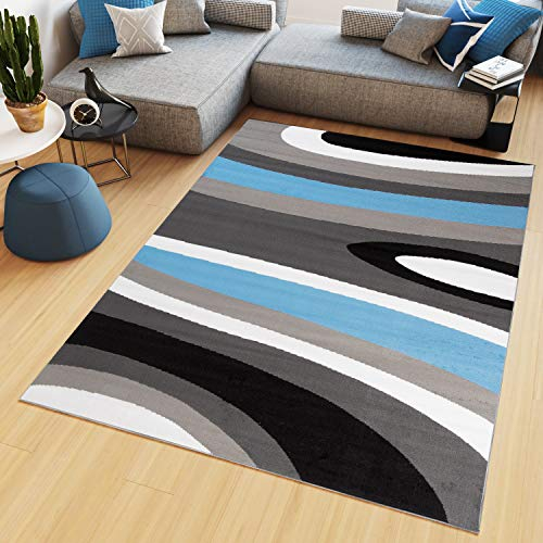 TAPISO Maya Teppich Kurzflor Modern Streifen Gestreift Design Grau Schwarz Weiß Blau Wohnzimmer Schlafzimmer Büro ÖKOTEX 140 x 200 cm