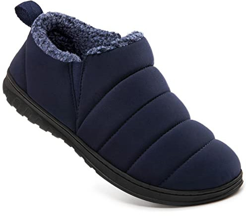 VeraCosy Men's Warm Quilted Memory Foam Ankle Mule Slippers Cosy Indoor Outdoor House Shoes with Elastic Gores Navy Blue, 9 UK