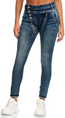 Elara Damen Jeans Boyfriend Baggy Knopfleiste Chunkyrayan EL05D2 Blau 42 (XL)