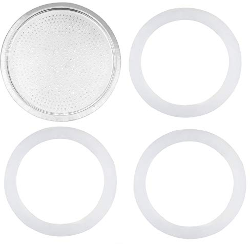 FEESHOW 3pcs Silica Gel Ring Gaskets and 1pc Aluminum Filter Replacement for 3/6/9/12 Cup Moka Pot Coffee Bottle 6 Cup OneSize