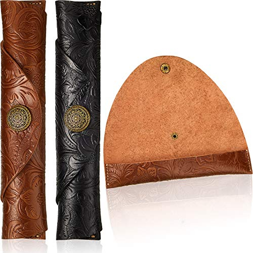 Zonon 2 Pieces Vintage Handmade Leather Pen Case Carved Roll Leather Pen Holder Roll Wrap Pen Pouch for School Home Office, Brown and Black