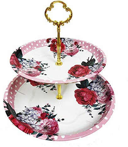 Charmed Vintage Floral pattern 2 tier cake and pastry stand server (Pink Red Roses)