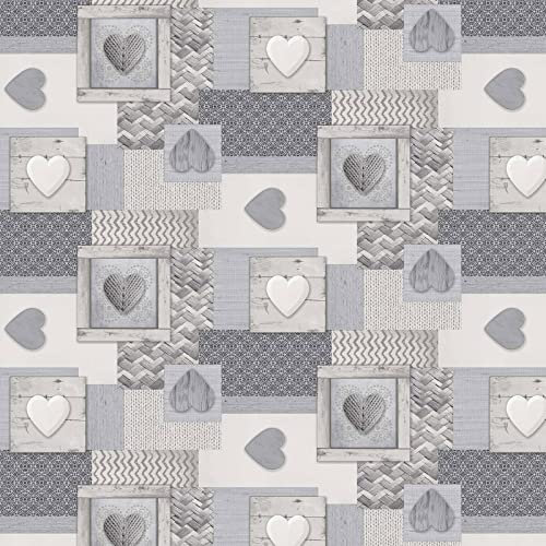 QPC Direct Knitted Hearts Grey PVC Oilcloth Table Cover Vinyl Tablecloth 140 x 180cm Rectangle