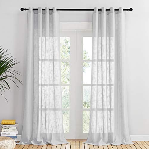 PONY DANCE Ösenvorhang Hellgrau Leinenoptik 2er Set H 260 x B 140 cm Halbtransparente Gardinen Wohnzimmer Modern Balkontür Vorhänge für Sonnenlicht Filtern